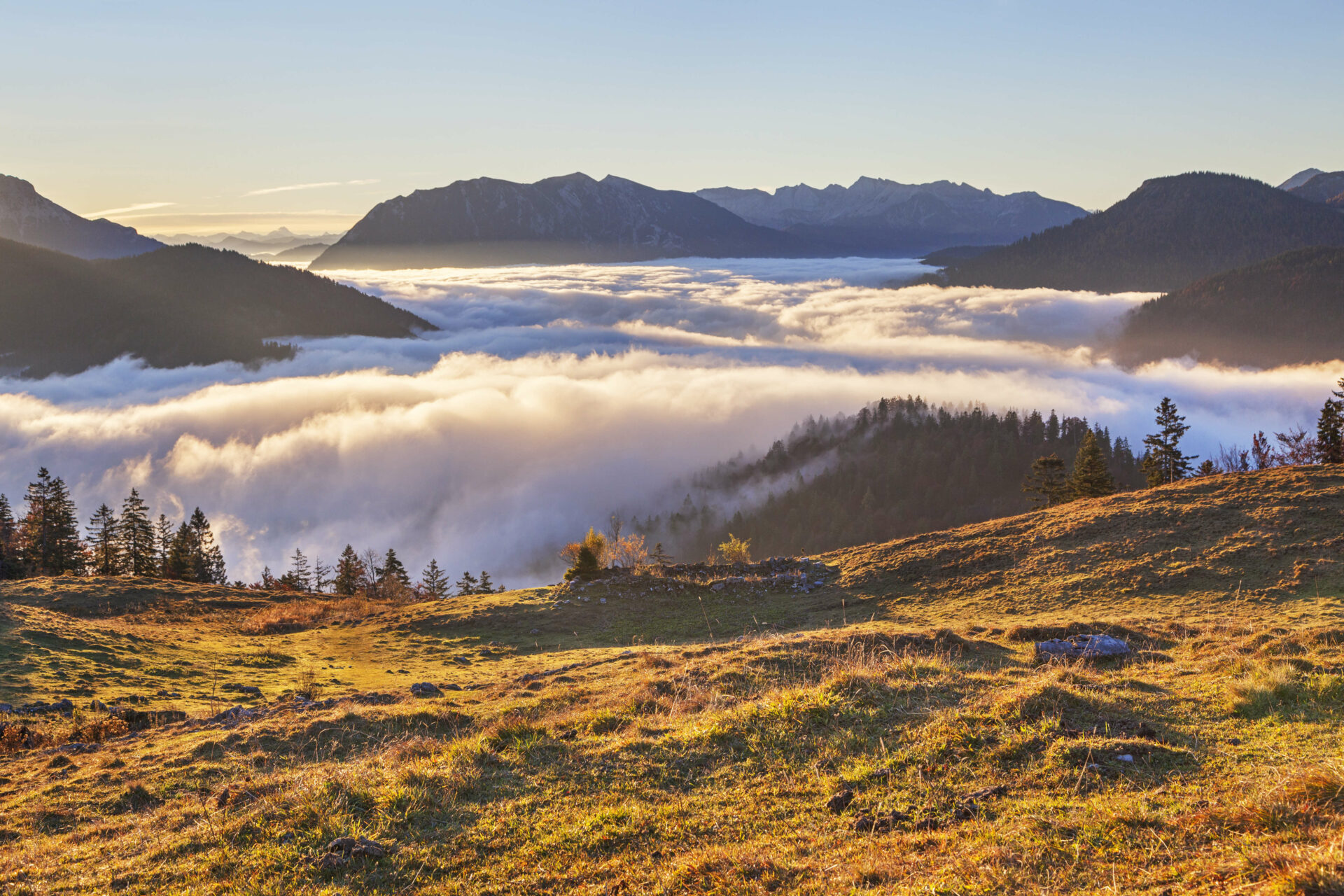 Blick von der Hochalm auf das Rofangebirge, Inversionswetterlage, goldenes Licht