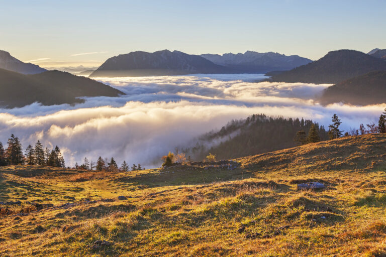 Blick von der Hochalm auf das Rofangebirge, Inversionswetterlage, goldenes Licht